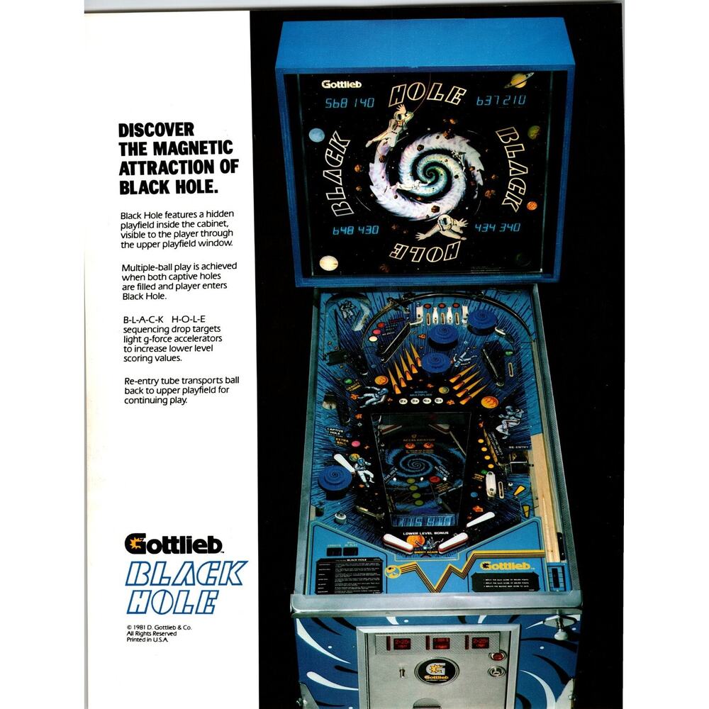 Black Hole Pinball Machine FLYER Original 1981 Vintage Art Space Age 8.5" x 11"